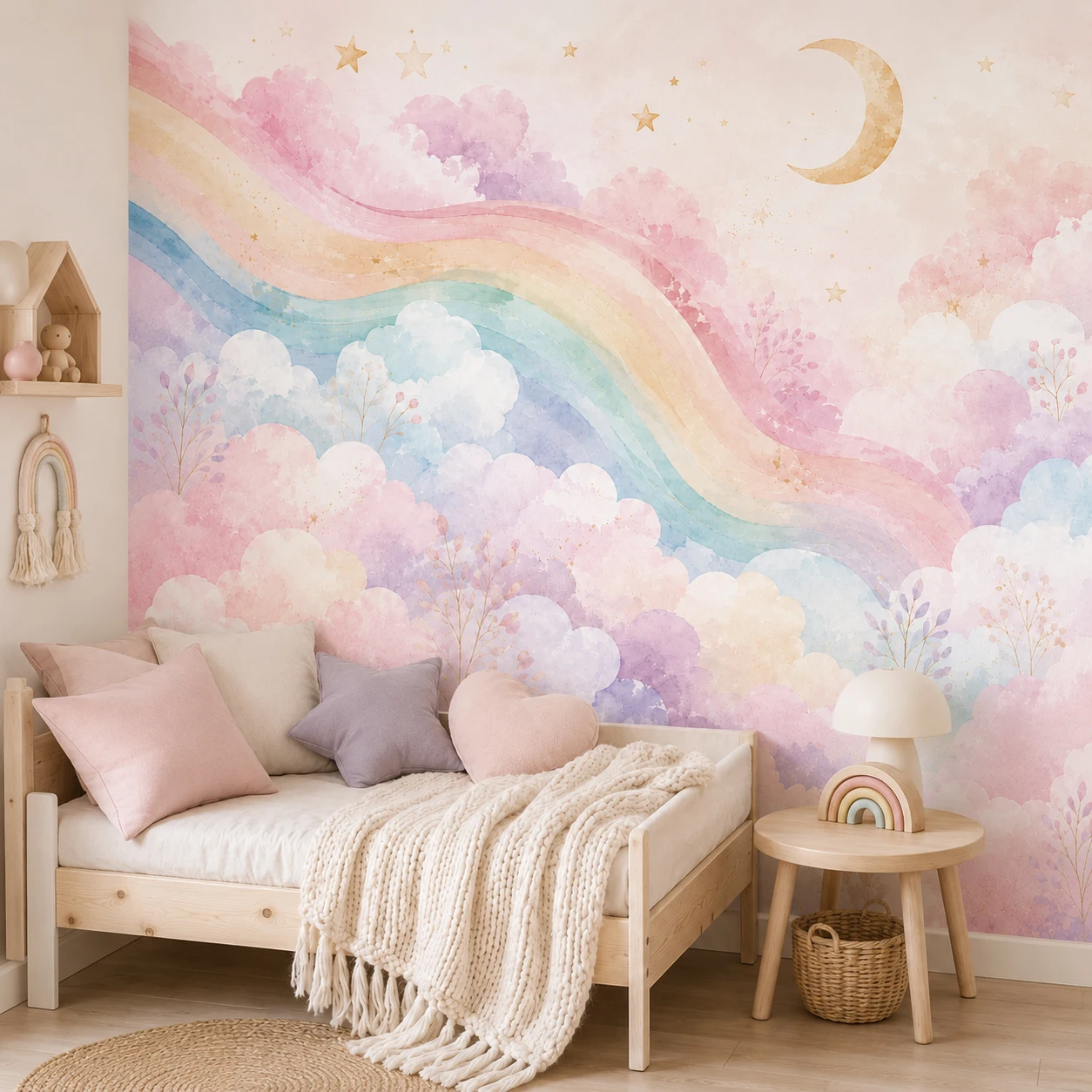 Pastel Rainbow Clouds Wall Mural Wallpaper Moon Stars Watercolor Nursery Kids Baby Girl Room Non Self Adhesive