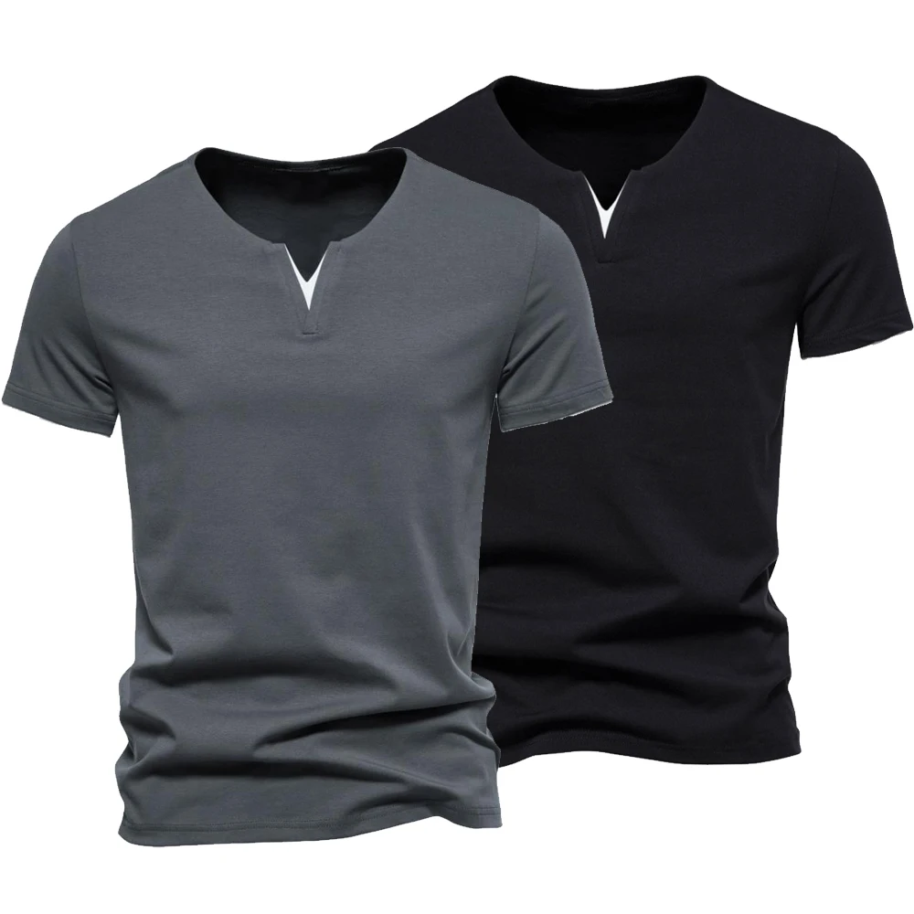 Men's T-shirt Summer Henley V-neck Short Sleeve Men Casual Slim Fit Basic Loose Fitness Sports Breathable T-shirt Top