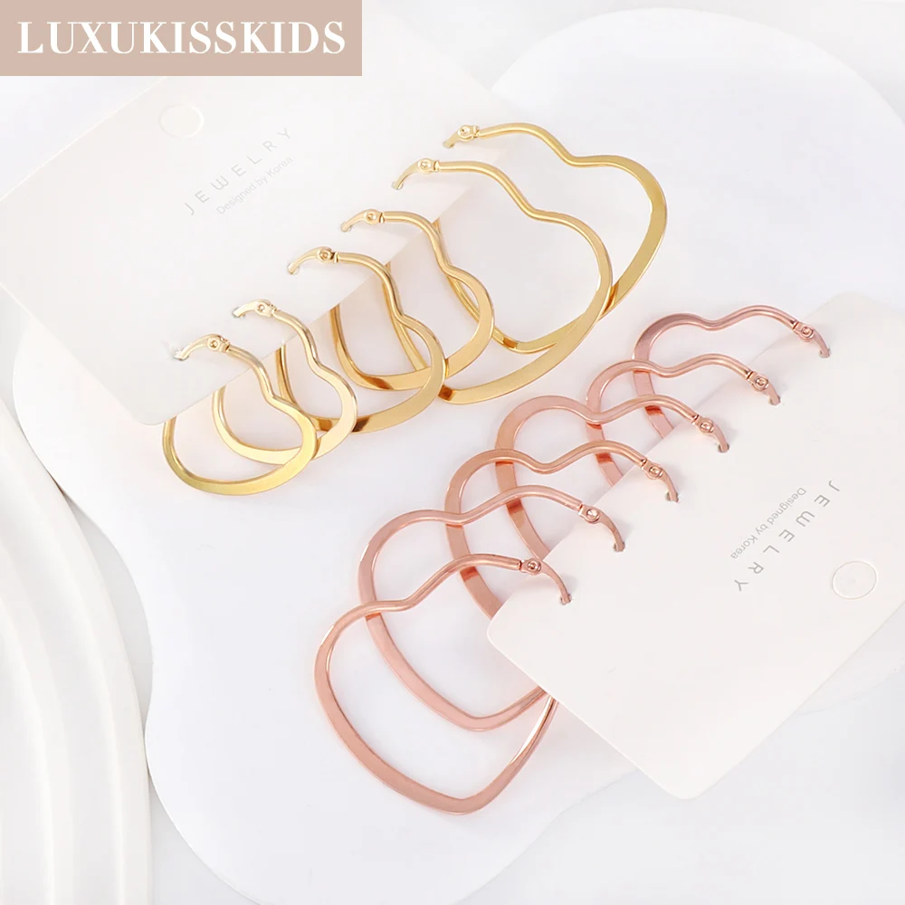 

LUXUKISSKIDS 10Pairs/Lots Heart Hoop Earrings Sets Stainless Steel Classic Love Shape Exaggerate Brincos For Women Accessories