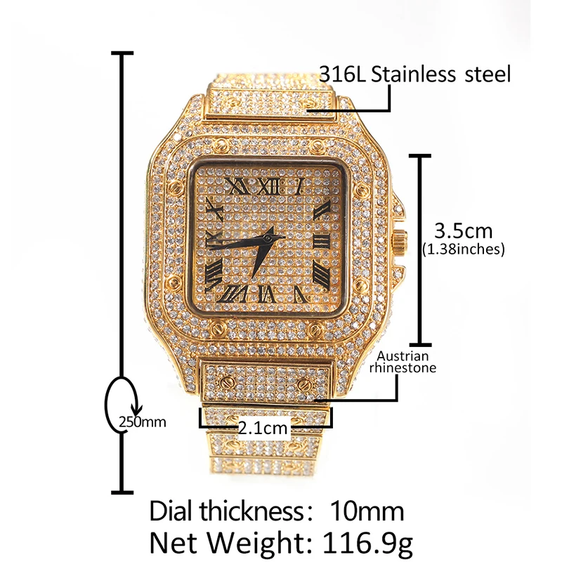Hip Hop Luxury Quartz Wrist Waterproof Watches Bling Iced Out CZ Watch for Men Charm Jewelry Gold Silver Color view 2