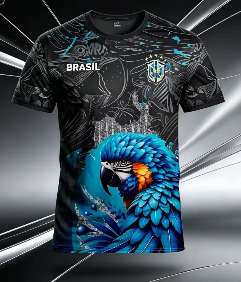 2026 Summer Men's National Football Team Jersey with Breathable Tropical Parrot and Brazilian Flag Graphics. Quick-drying Y2k