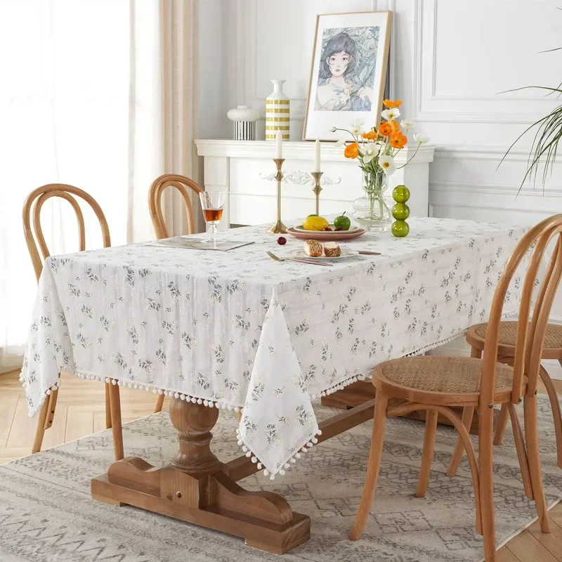 yesFrench Lilac Cotton Tablecloth Cover Jacquard Geometric Rectangular Tablecloths Pastoral Style Decoration Table Cloths