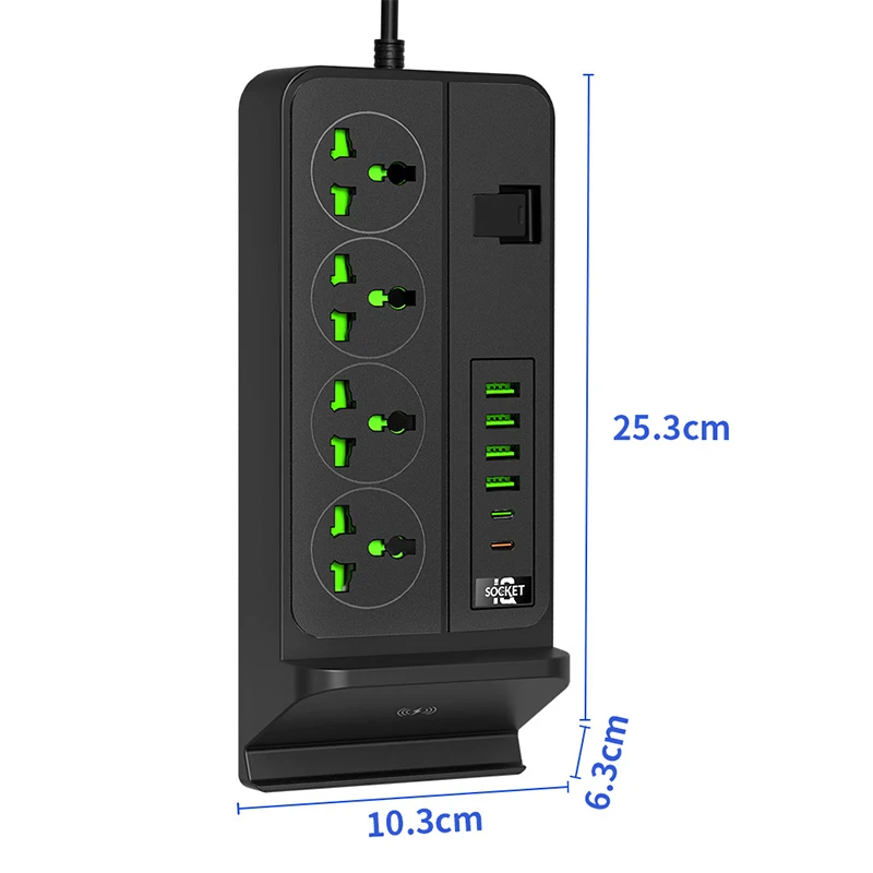 Tipo-C Faixa de Energia USB, 10 Portas, UE, EUA, UK Plug, Carregador do Telefone Sem Fio, Carregamento Rápido, Cabo de Extensão, Tomada Elétrica, Telefone Stander