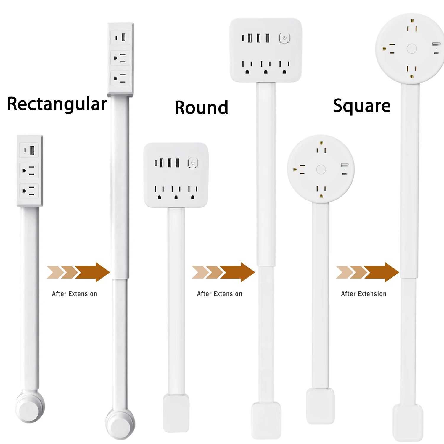 3 Style Retractable Sockets in Various Shapes US Plug Power Strip with AC Outlets USB Port(USB-A/C),Adjustable Electrical Outlet Extender Stick,Multi Socket Wall Socket Universal for Hard-to-Reach Wall Outlets Behind Couch,Bed,Desk or Nightstand