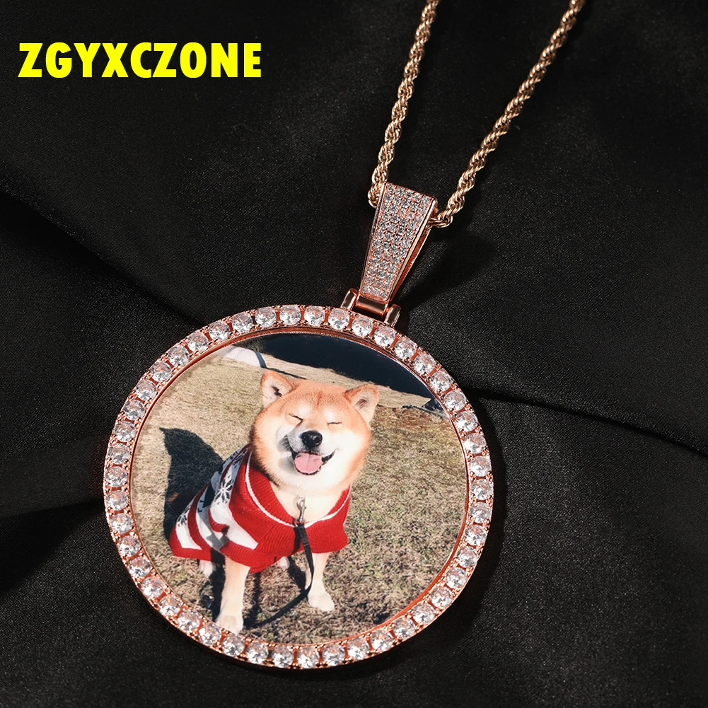 

ZGYXCZONE 24 inch stainless steel chain Jewelry Hip Hop Photo Pendant Gold Silver Round DIY Pet Pendant Necklace couple Gift