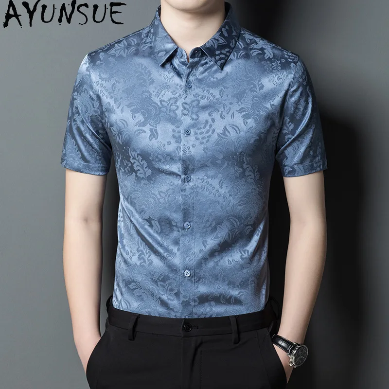 AYUNSUE 92.4% Genuine Mulberry Silk Button Up Shirts for Man Clothing 2025 Summer Korean Fashion Shirt Man Short Sleeve Top 일반셔츠