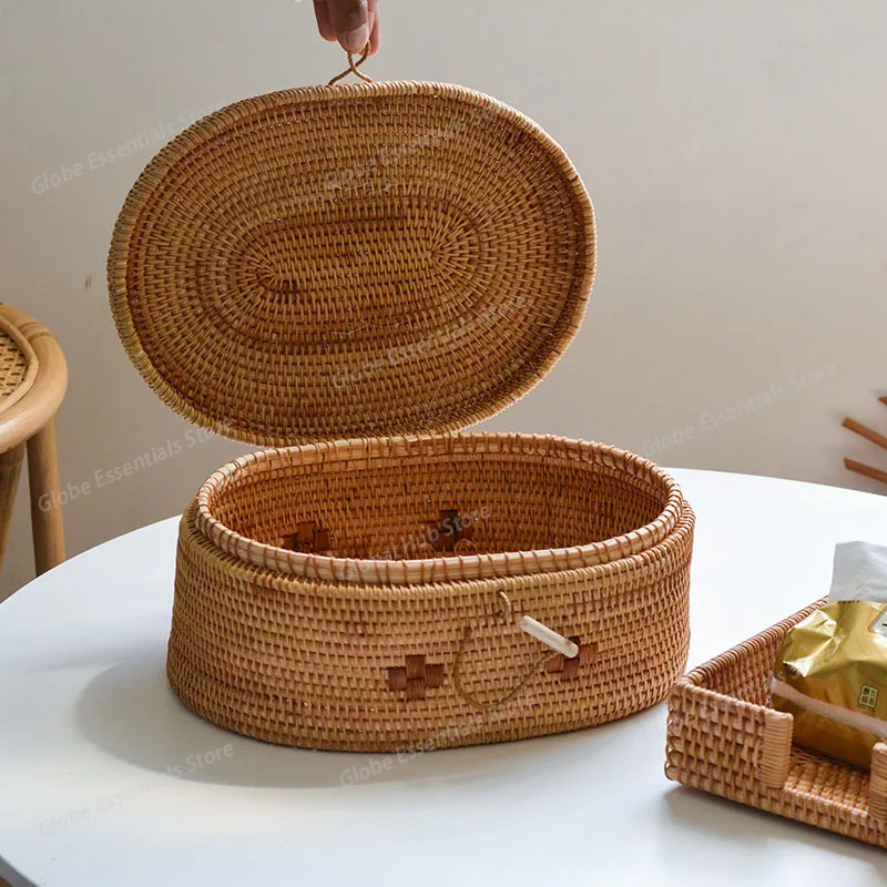Handwoven Rattan Storage Box with Handle Wicker Ornament Box Tea Food Container Picnic Bread Fruit Cake Basket Kitchen Organizer