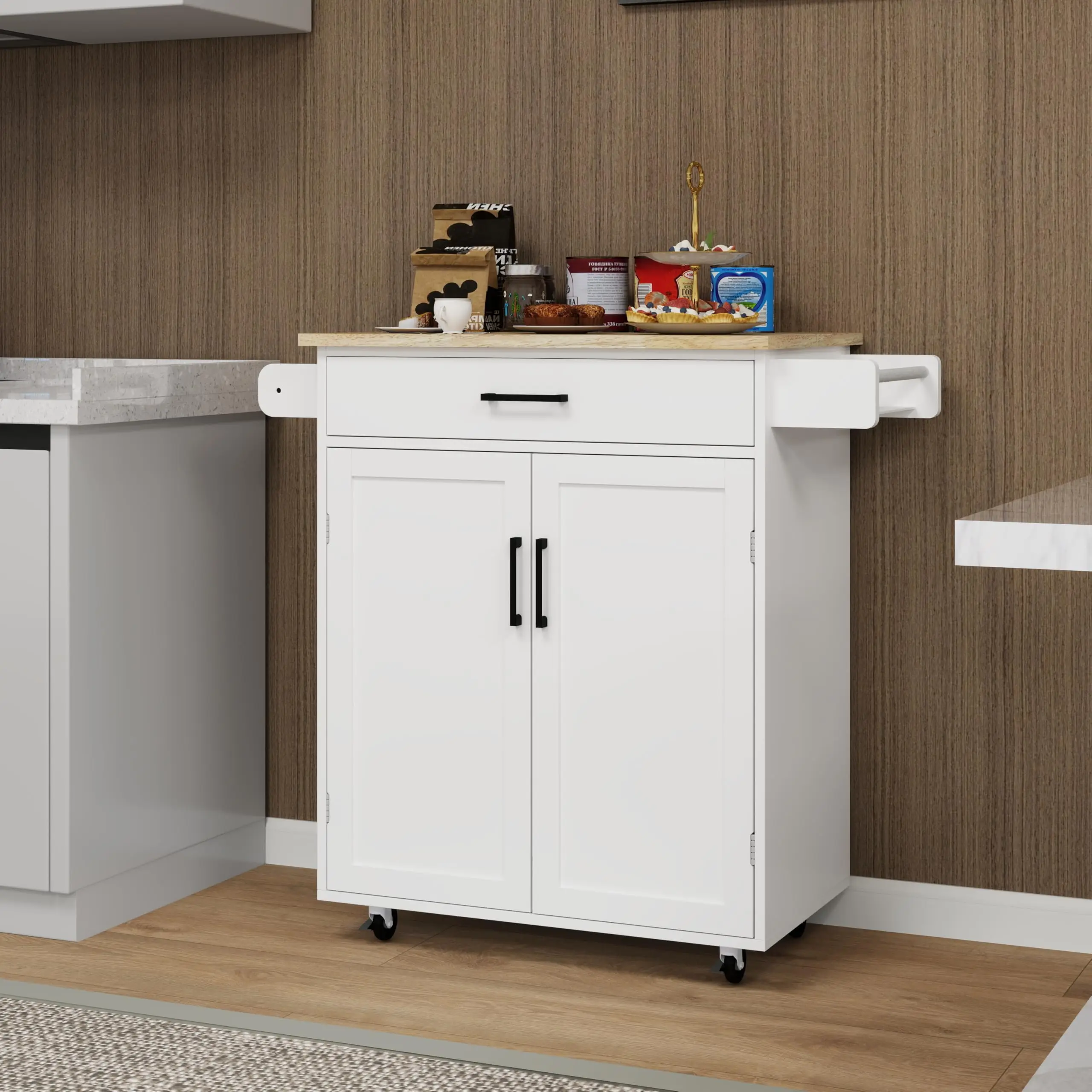 Small Kitchen Island on Wheels with Seasoning & Towel Racks, 38