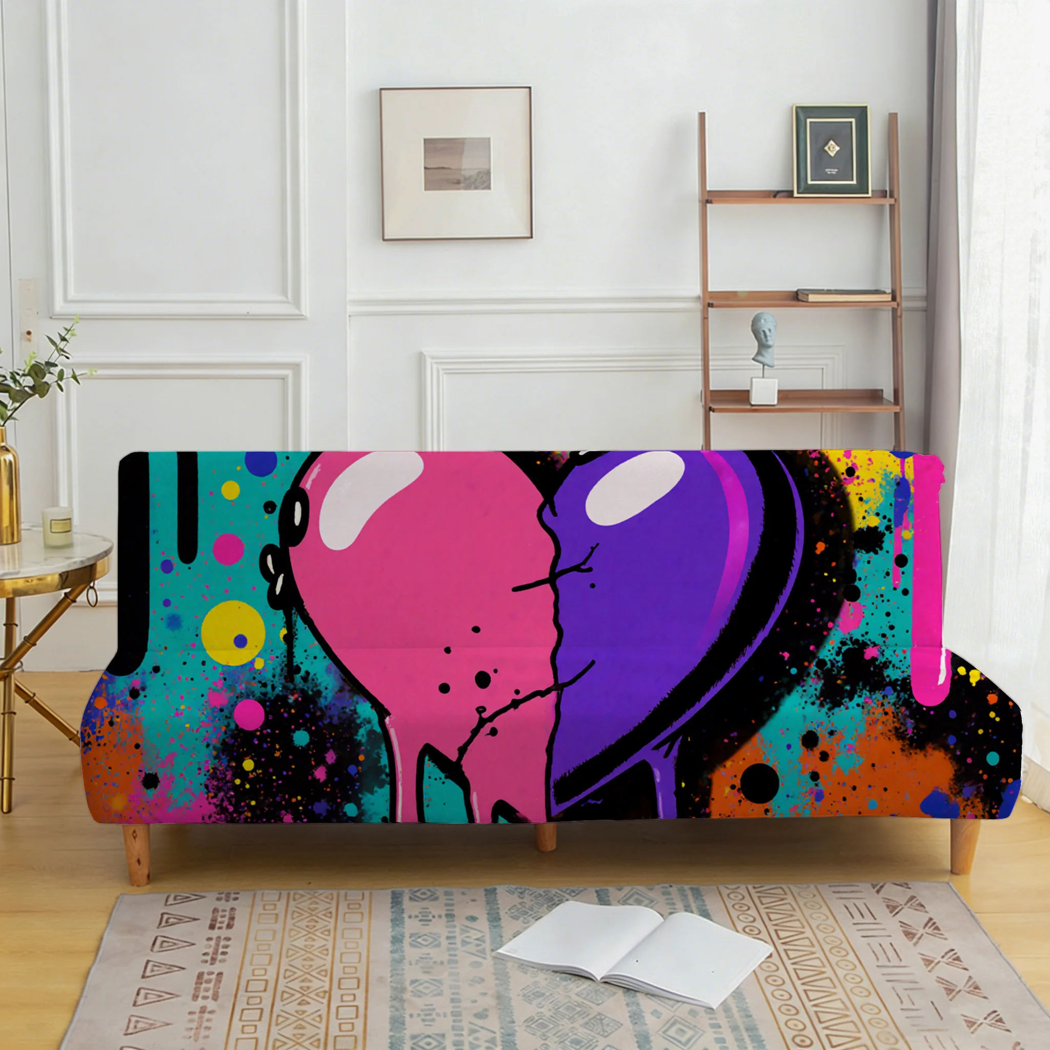 Art graffiti love elastic sofa bed cover, living room sofa bed cover, dustproof machine washable sofa bed cover