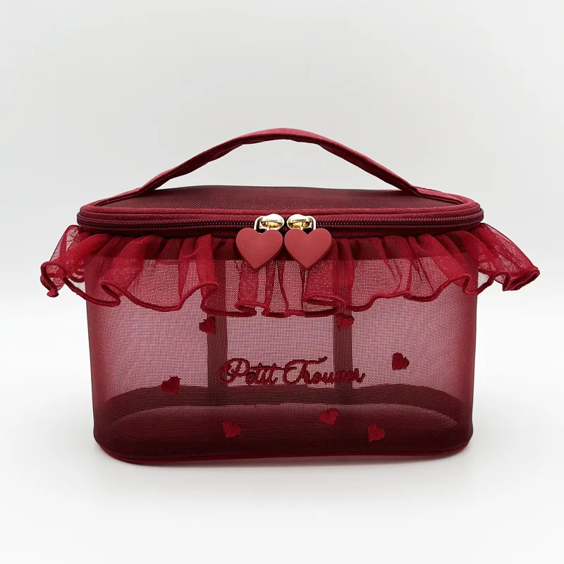 1Pc Ins Style Girl Mesh Love Embroidery Portable Makeup Bag Cute Tissue Pack Makeup Storage Bag