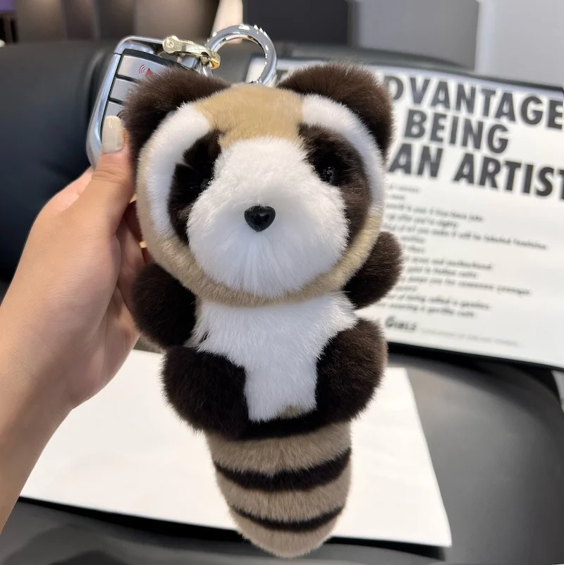 

Cute Raccoon Real Mink Fur Keychain Plush Toy Trinkets Women Bag Hanging Ornsments Car Key Metal Ring Pendant Kids Classic Gift