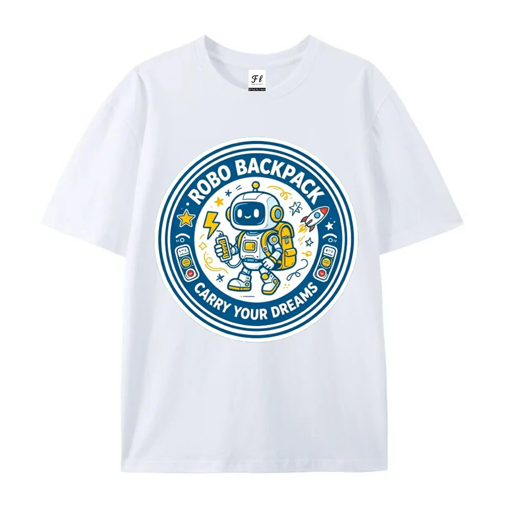 Robot Backpack Graphic T-Shirt Cute Space Robot Cartoon Sci-Fi Casual Short Sleeve Tee Unisex  Top Gift