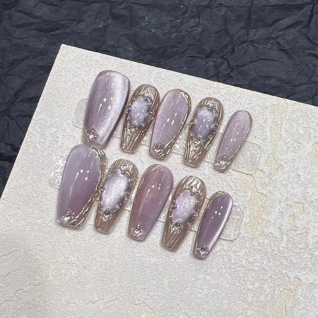 

10pcs Handmade Press on Nails Purple Satin Cat-Eye Long Ladder False Nail for Women&Girl Removable Wearable Fake Nail Daily Wear