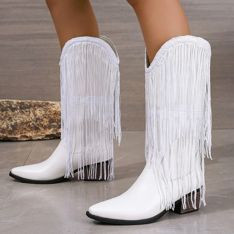 

Mid-Calf Boots with Tassels Autumn and Winter Thick Heel High Heel Slip-On Western Cowboy Women's Riding Long Boots