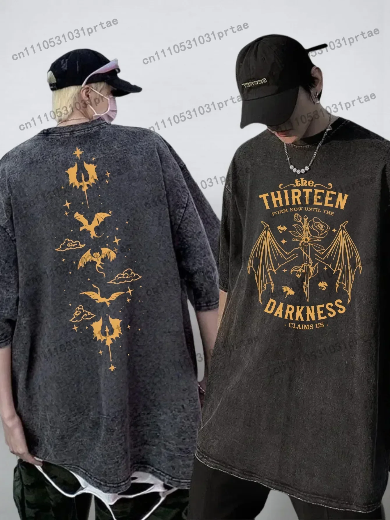 Unisex Vintage Washed Oversized Black Tshirt Short Sleeve Tees Graphic Men Women Clothing Dragon Star Cloud Sword Thirteen Darkn