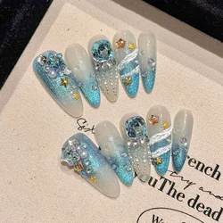 10pcs Handmade Long Almond False Nails Aurora Blue Green French Cat's Eye Press On Nails Gold Star Pearl Diamond Decor Fake Nail