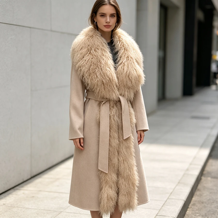 Real Cashmere Coat With Lamb Fur Collar Natural Mongolian Fur Jacket Wool Fur Coat Women Luxury Clothing Long Trench Coats