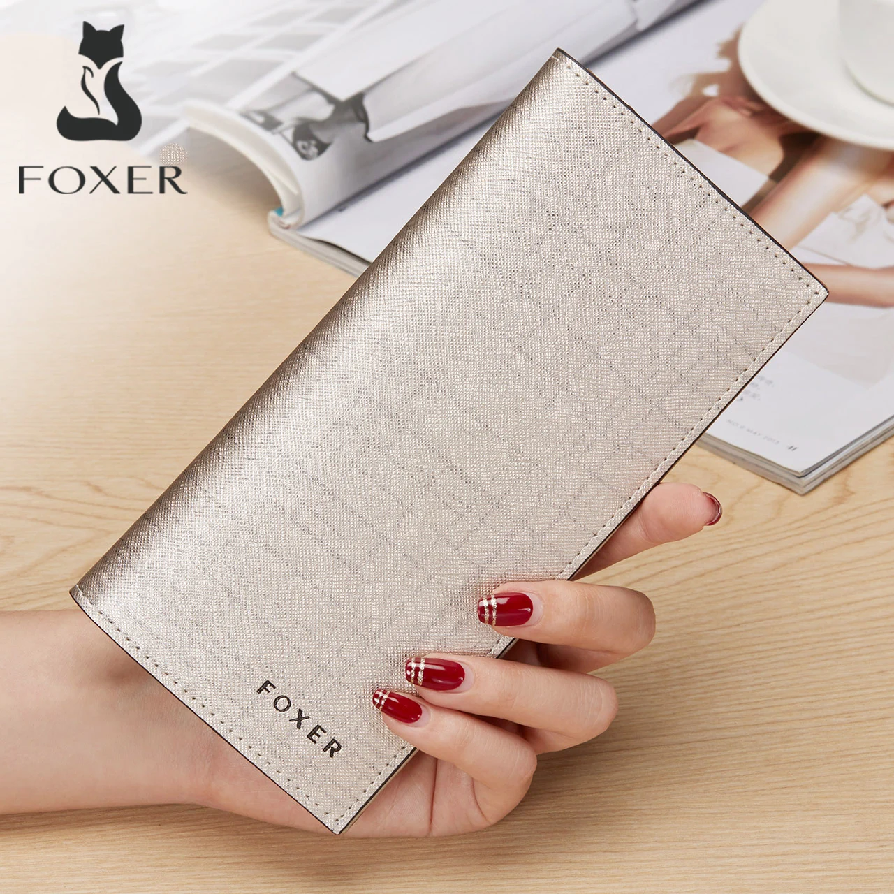 FOXER Brand Women's Wallet Split Leather Fashion Long Clutch Bag Lady Multi-card Solts Coin Bag Money Wallet Purse as Gift