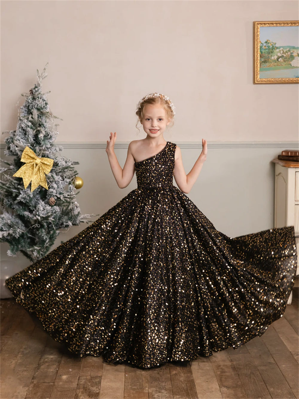 One-Shoulder Velvet Sequin Flower Girls' Dresses For Wedding Sparkly Ball-Gown Floor-Length Sleeveless Backless Formal Dresses