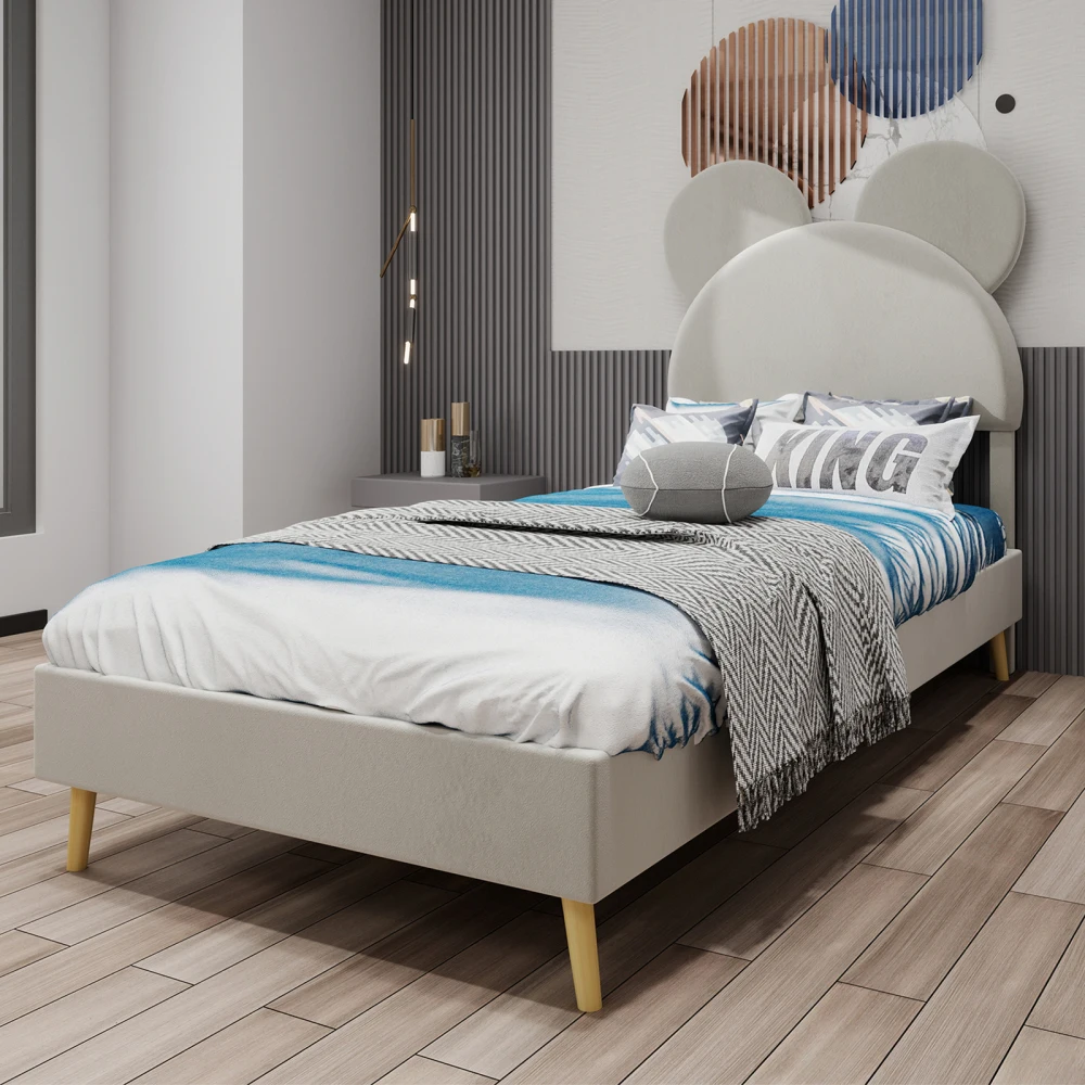 Lit rembourré minimaliste moderne avec tête de lit en peluche sur le thème de la dessin animé, aucun rangement/pas de matelas élévateur à gaz exclu 90x200 cm