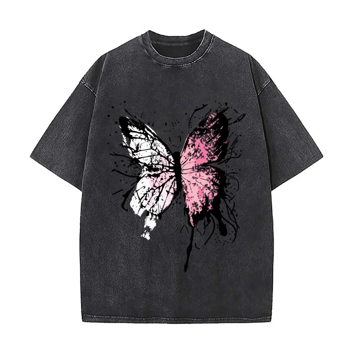 Pink Black Butterfly Grunge Ink Splatter Wings Washed Vintage Short Sleeve Loose Streetwear Tee