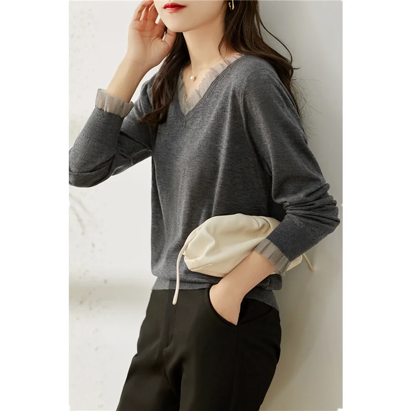 Delicate autumn and winter soft bottom cashmere sweater women's western lace stitching knit v-neck wool loose sweater