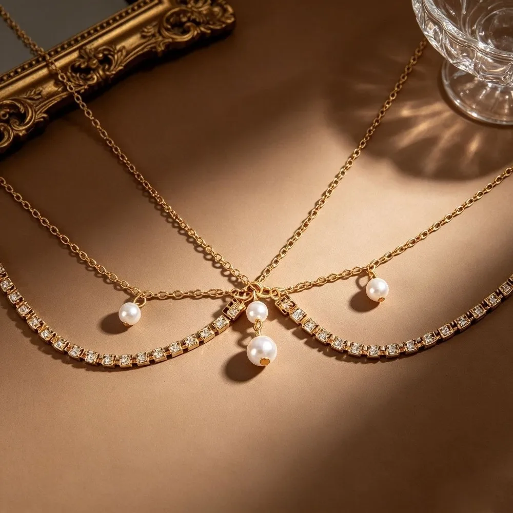 Simulated Pearl Luxury Forehead Headpiece Long Tassels Rhinestone Crystal Bohemian Hair Chain Multi-Layer Vintage