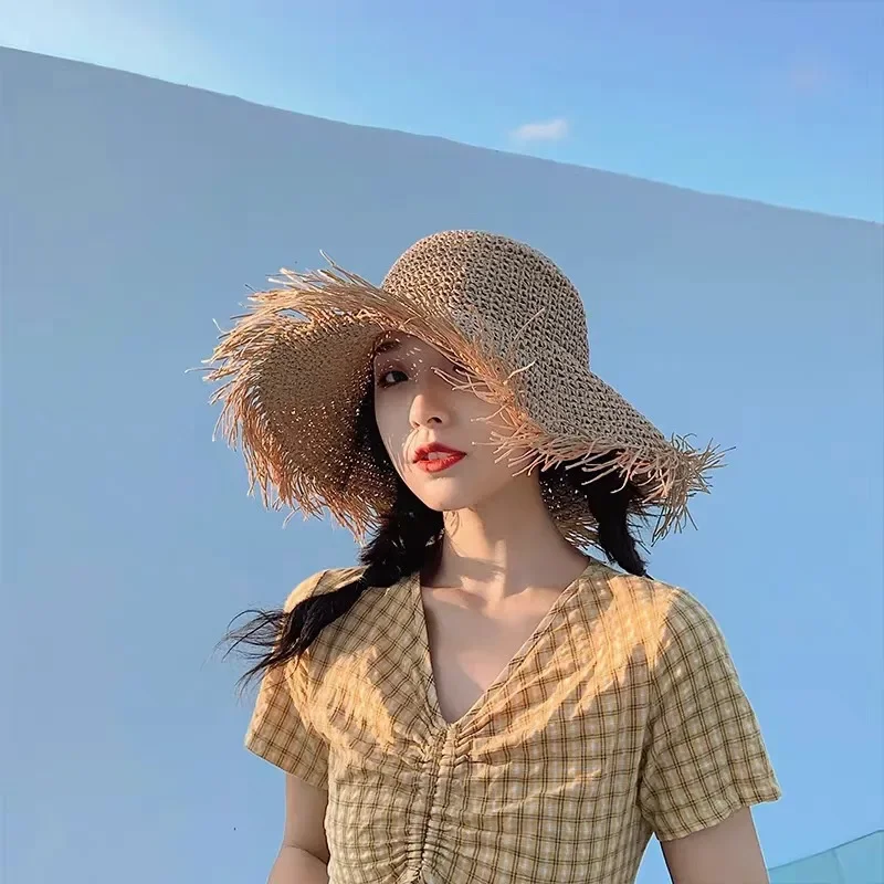 

Women Fashion Brim Tassel Beach Hats Foldable Sun Shade Visor Cap Womens Summer Caps Fashion Accessories Hats Creative Gifts