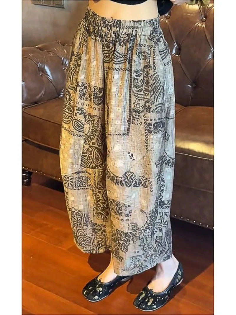 2025 ฤดูร้อนใหม่ Retro พิมพ์กางเกงบางผู้หญิงเอวสูงสบายๆกางเกงอเนกประสงค์แฟชั่นหลวมกางเกงขากว้าง