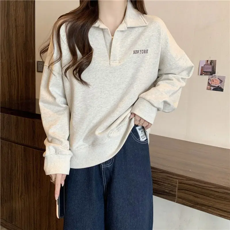 

American Retro Polo Collar Long Sleeved Sweatshirt for Women Loose and Thin Korean Version Versatile Student Top