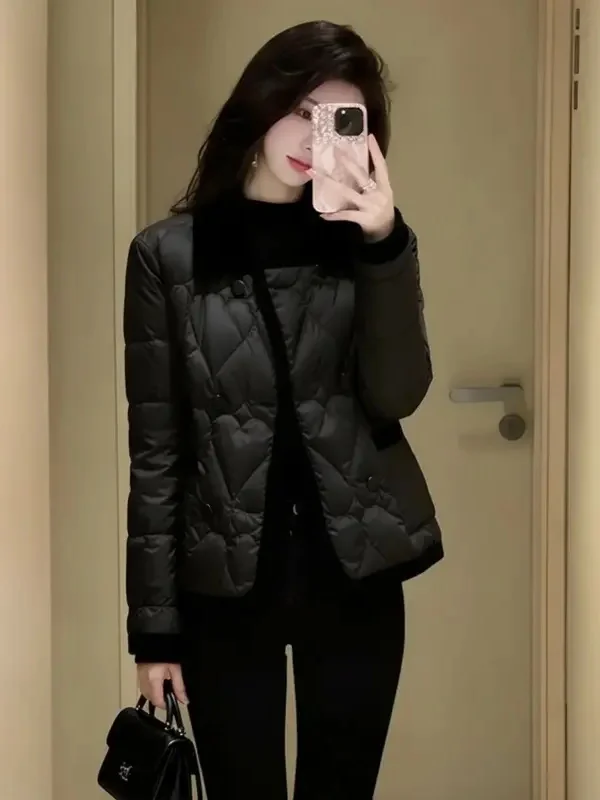 

Ele Bla Cotton Jaet Women's Thiened Stand Collar Coat Faionable Commute Sle Long Sve Zipper Closure Pure Color