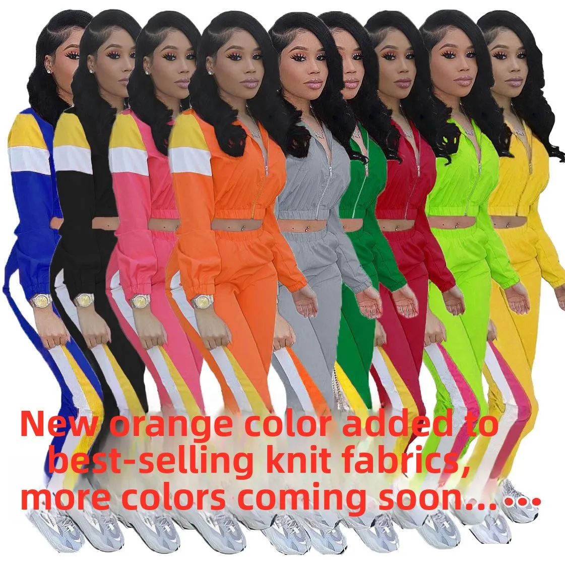 

Women's Patchwork Sports Suit Two Piece Set Long Sleeve Nine Pants Striped Pattern Autumn Fashion Outfit for Adults