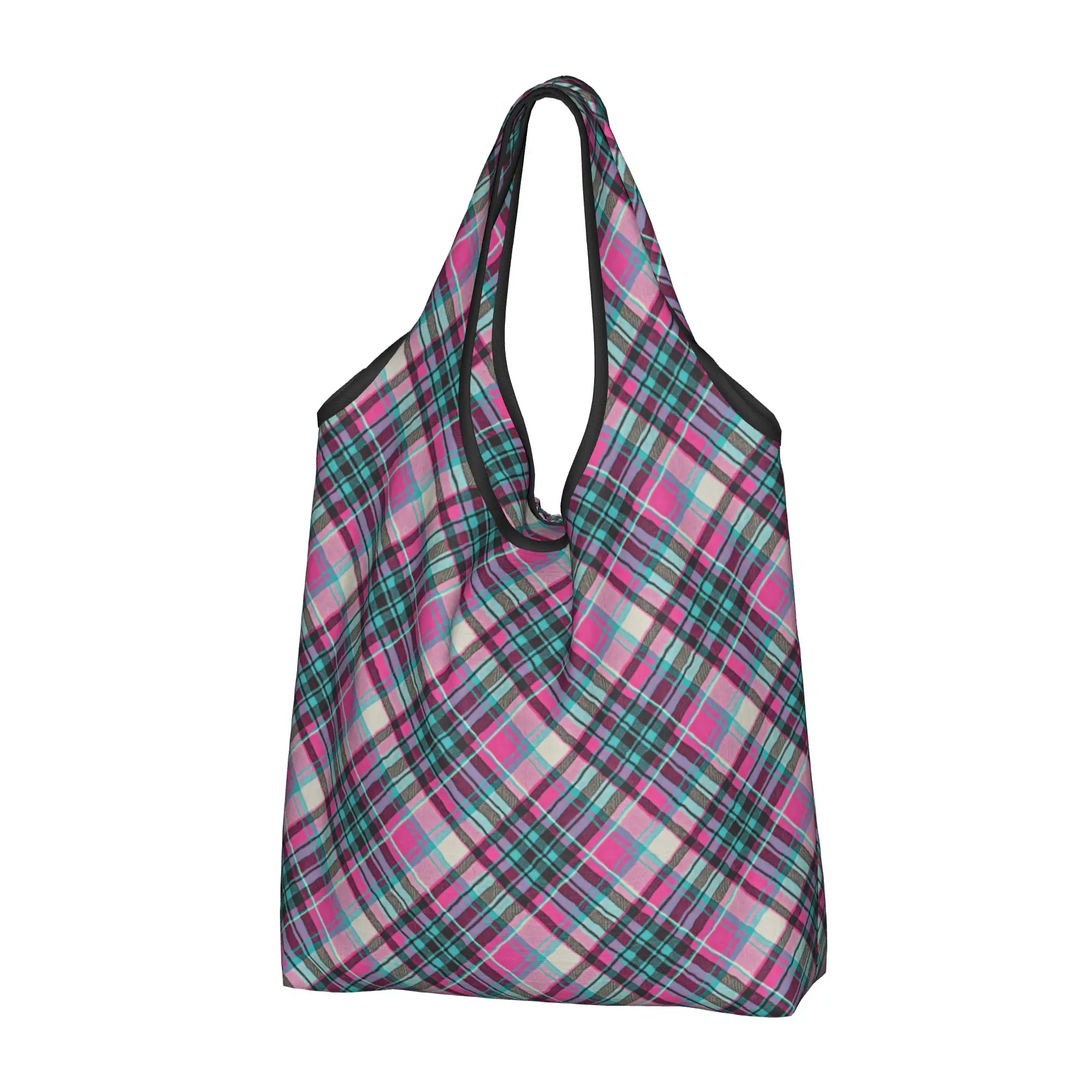 Custom Pink And Teal Tartan Plaid Shopping Bag Women Portable Large Capacity Groceries Diagonal Texture Shopper Tote Bags