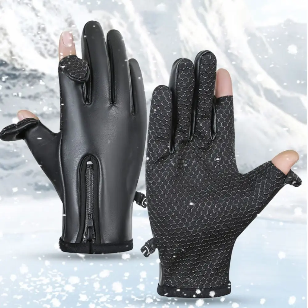 

PU Leather Men's Winter Gloves Plush Waterproof Cycling Gloves with Zipper Wear-resistant Touchscreen Gloves Motorcycle