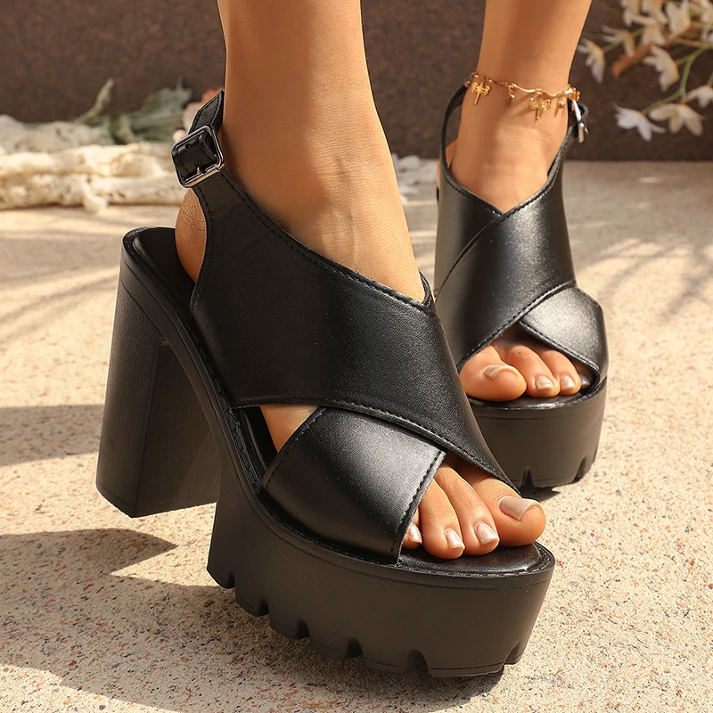 

Black Peep Toe Thick High Heel Sandals Women Fashion Back Strap Chunky Platfrom Sandles Woman Plus Size Cross Strap Rome Sandals