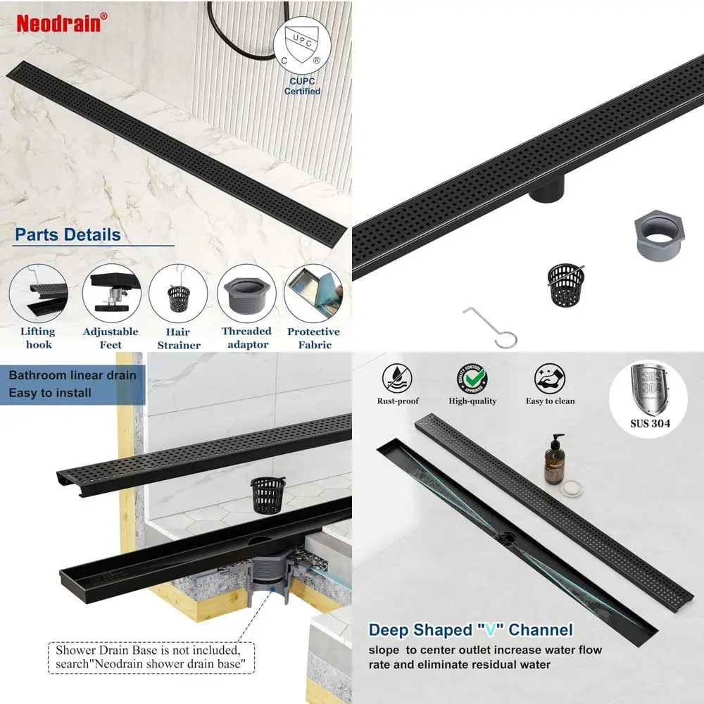 

40 Matte Black 304 Stainless Steel Linear Shower Drain with Removable Quadrato Cover and Hair Strainer, CUPC Certified