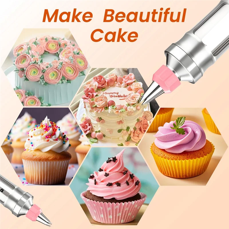

ABKO-10 Food Grade Stainless Steel Piping Tips& 50 Disposable Piping Bags Dessert Set Cake Decorating Kit Pink