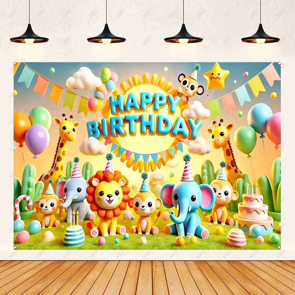 

Cute cartoon jungle animal colorful photography background, children's birthday party decoration banner photography background