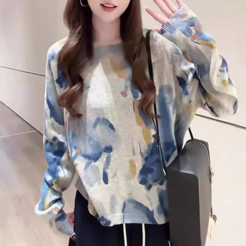 2025 New Autumn Women's Ink Smudge Round Neck Long Sleeve Knit Pullover Women's Sweater Nice Top