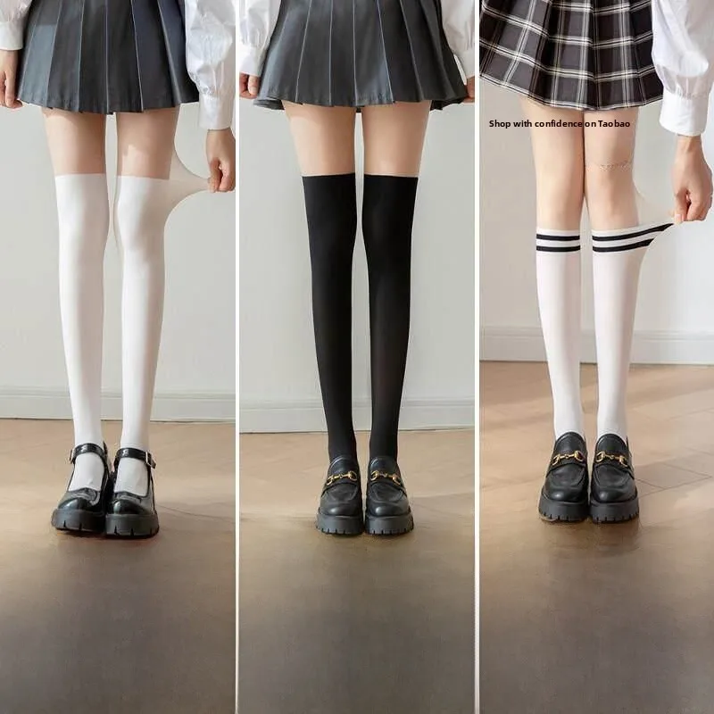 Women's Long Tube Socks over Knee Meat Color Splicing Silk Stockings Spring Summer Fake Leg Two Pieces Leggings Knee High Socks
