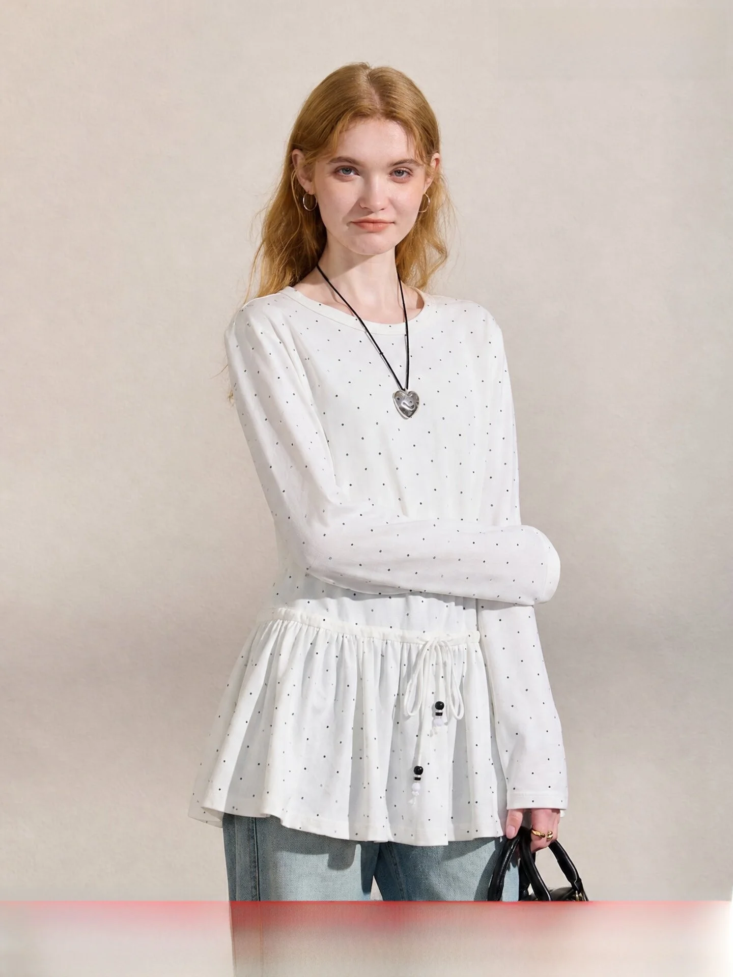 Comfortable Long Sleeve T-Shirt Casual Outfit Gathered Hem Slimming Versatile Sweet Top for Autumn Traveling Polka Dot Knitwear
