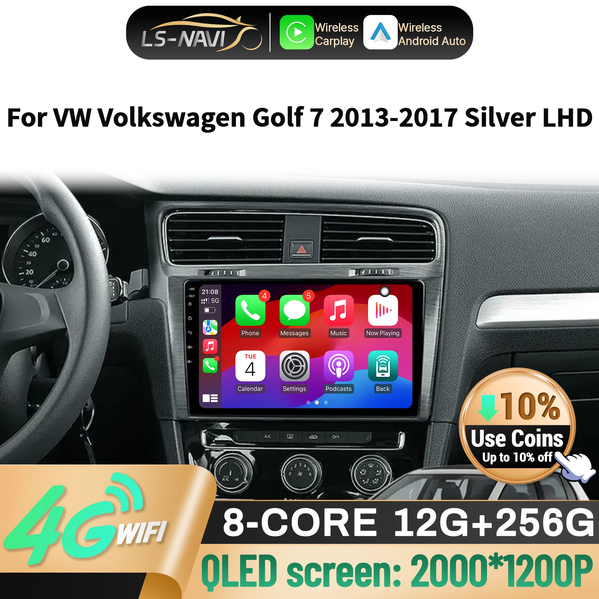 

Car Radio For VW Volkswagen Golf 7 2013-2017 Silver LHD Wireless CarPlay Multimedia Android 14 Navigation Touch 2K QLED Screen