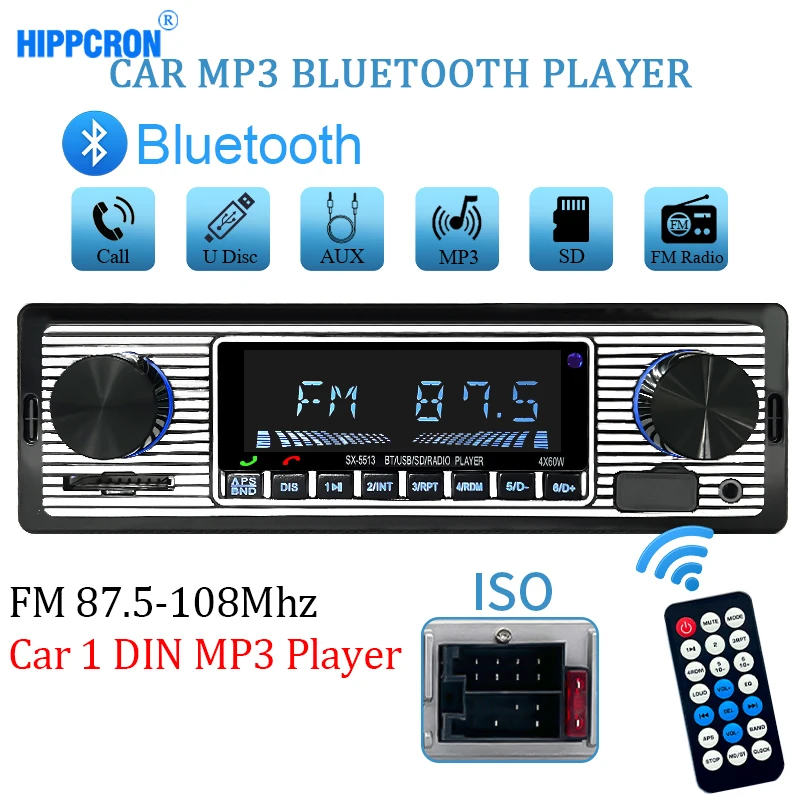 Hippcron Car Radio 1 DIN Stereo FM Bluetooth MP3 60Wx4 Audio Player Cellphone Handfree Digital USB/SD With In Dash Aux Input