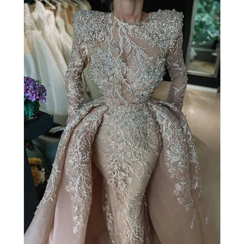 Luxury Mermaid Evening Dress With Train Applique Pearls Round Neck Long Sleeves Custom Made Gown Vestido de novia