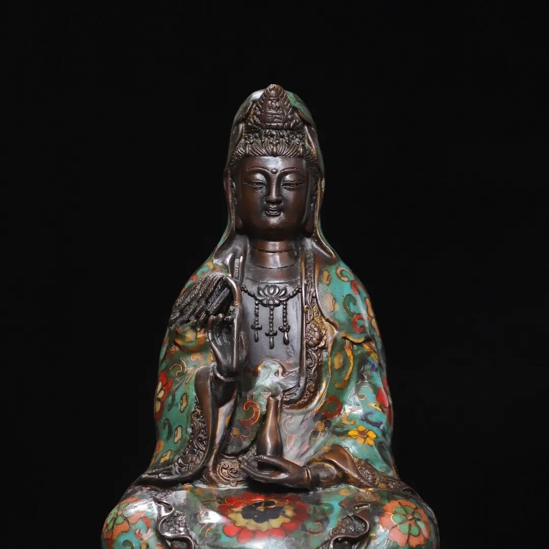 Handmade Vintage Brass Cloisonne Enamel Nanhai Guanyin Statue Home Altar Decor