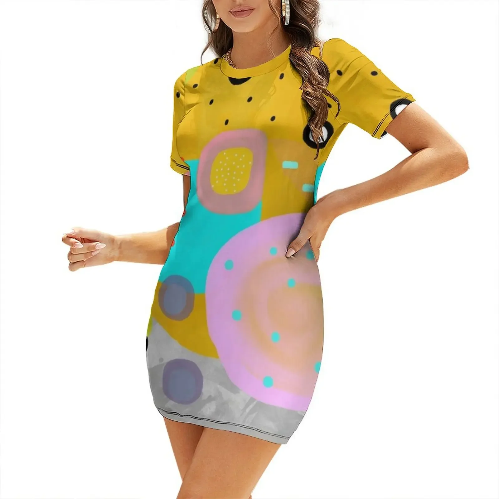 

Yellow Abstract Art Short-Sleeved Dress women's evening dresses summer women's suit luxury dresses