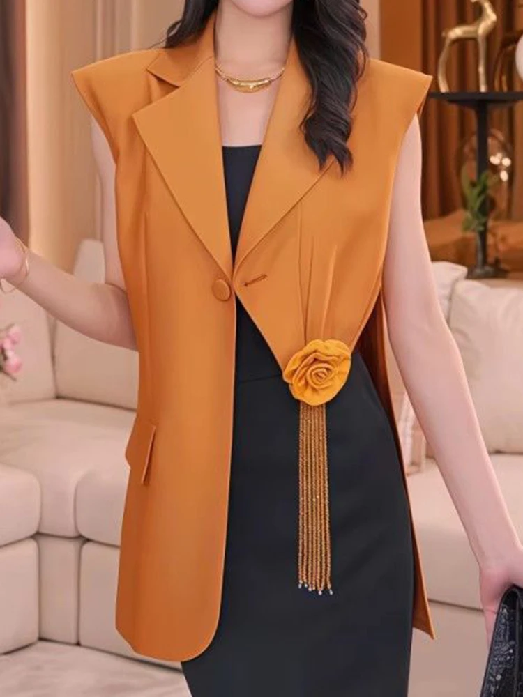 2025 summer new high-end wind thin design sense solid color three-dimensional flower fringed irregular vest jacket women