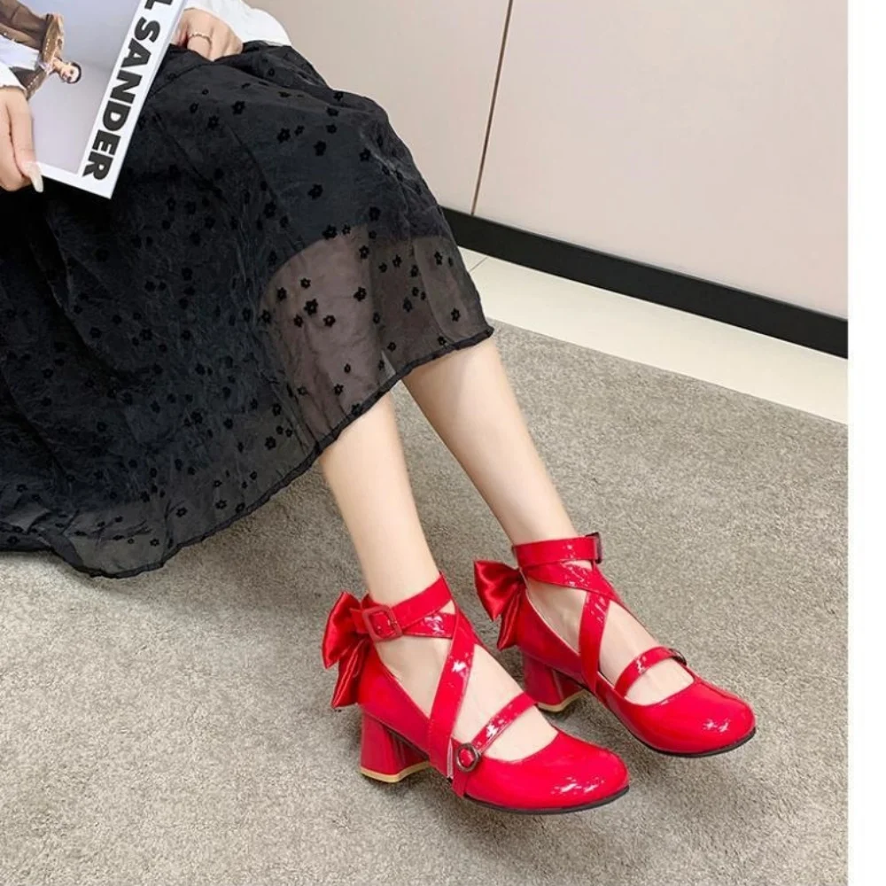 Anime Puella Magi Madoka Magica Kaname Madoka Cosplay Shoes Girls Lolita Red Bow High Heels Leather Boots