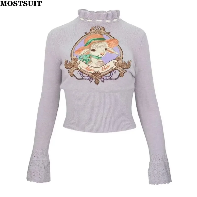 Stylish Embroidery Slim Knit Sweater Women Pullover Knitwear 2025 Spring Long Sleeve Elegant Vintage Chic Ladies Jumpers Tops