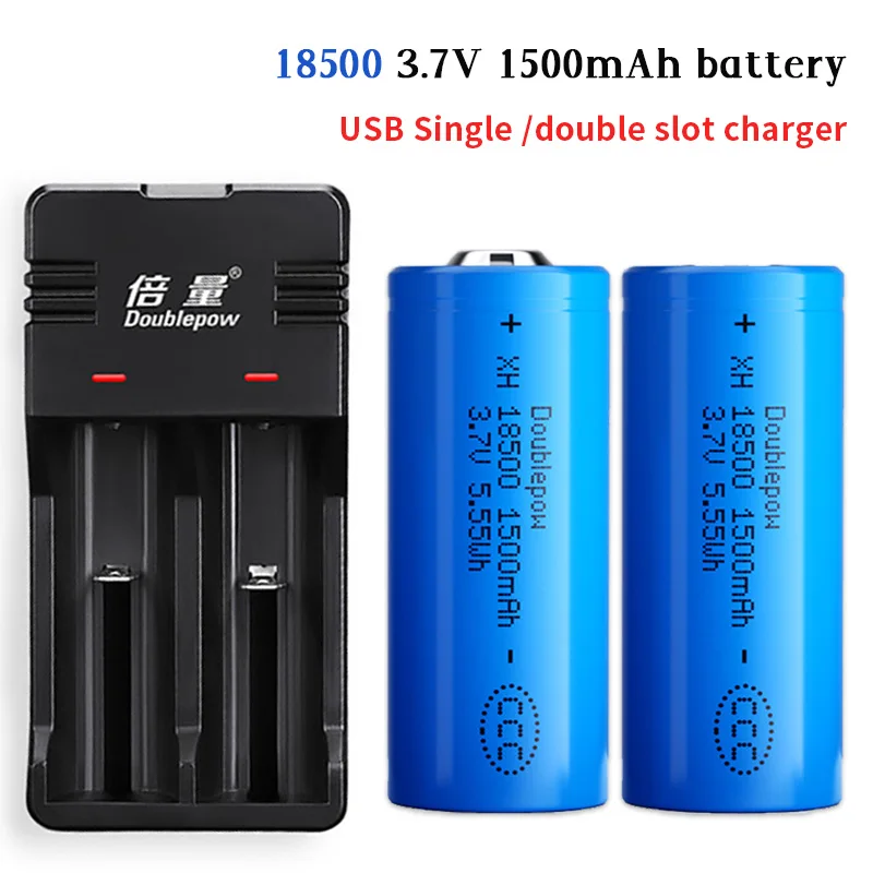

DoublePow 18500 Battery 3.7V 1500mAh Rechargeable Lithium Batteries for LED Flashlight Fan Electric Screwdriver + USB Charger